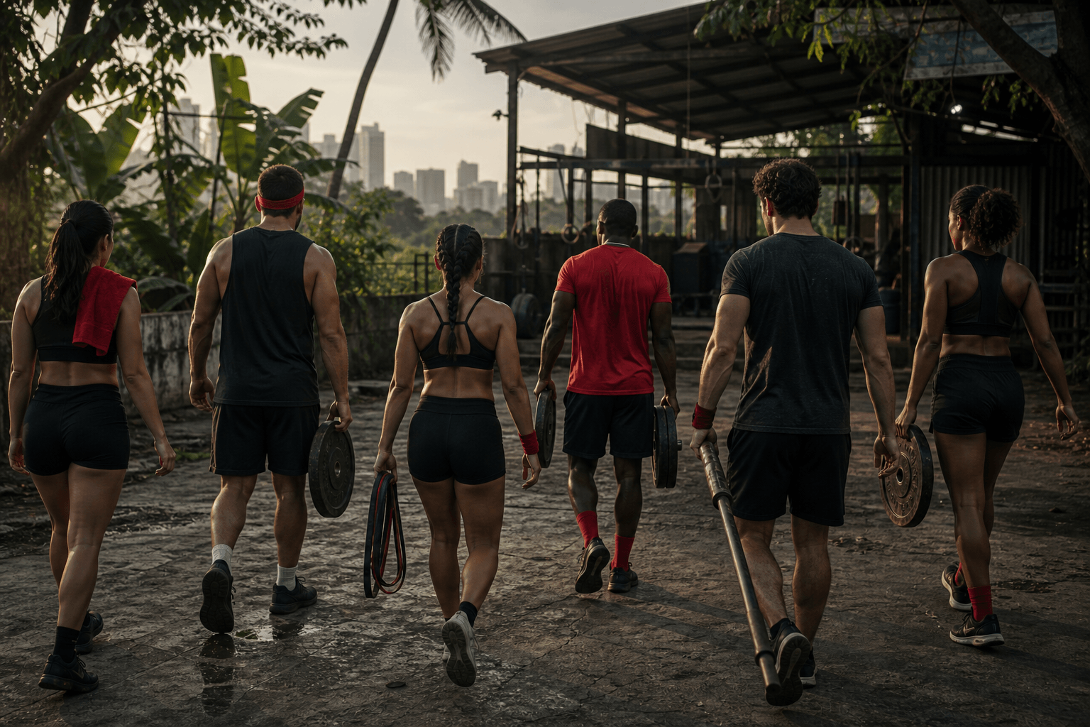 A diverse group of athletes carrying simple training equipment toward an outdoor community gym