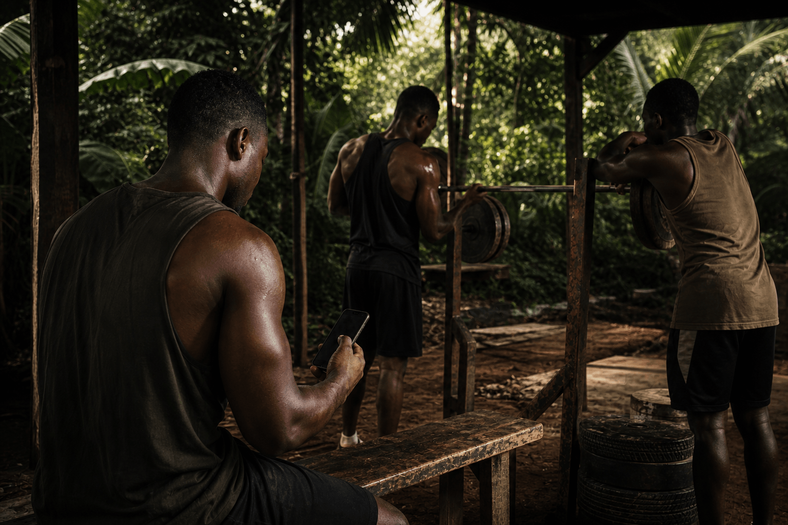 Three athletes training together with simple handmade equipment in a tropical open-air gym