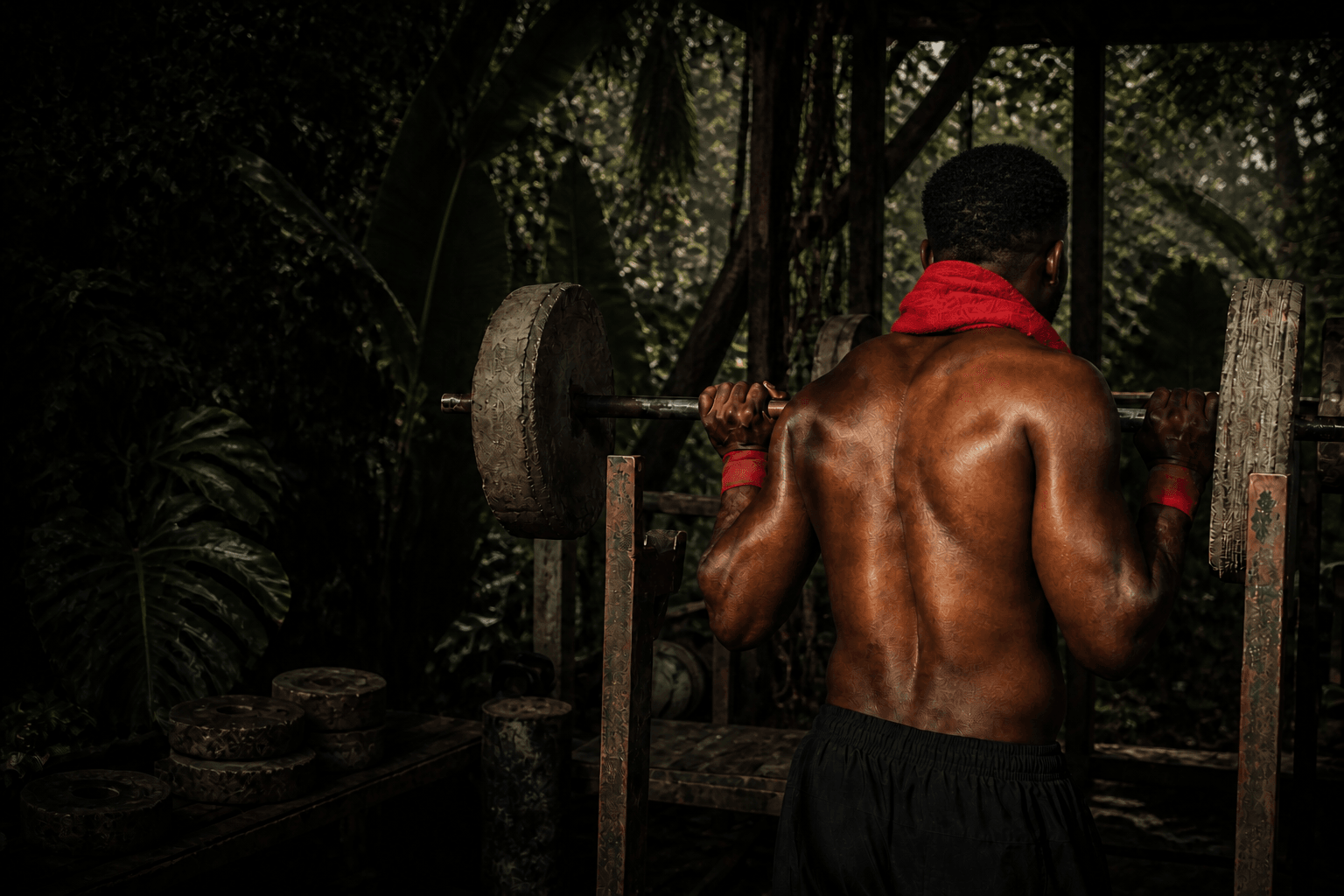 An athlete seen from behind training with handmade concrete weights in a tropical open-air gym