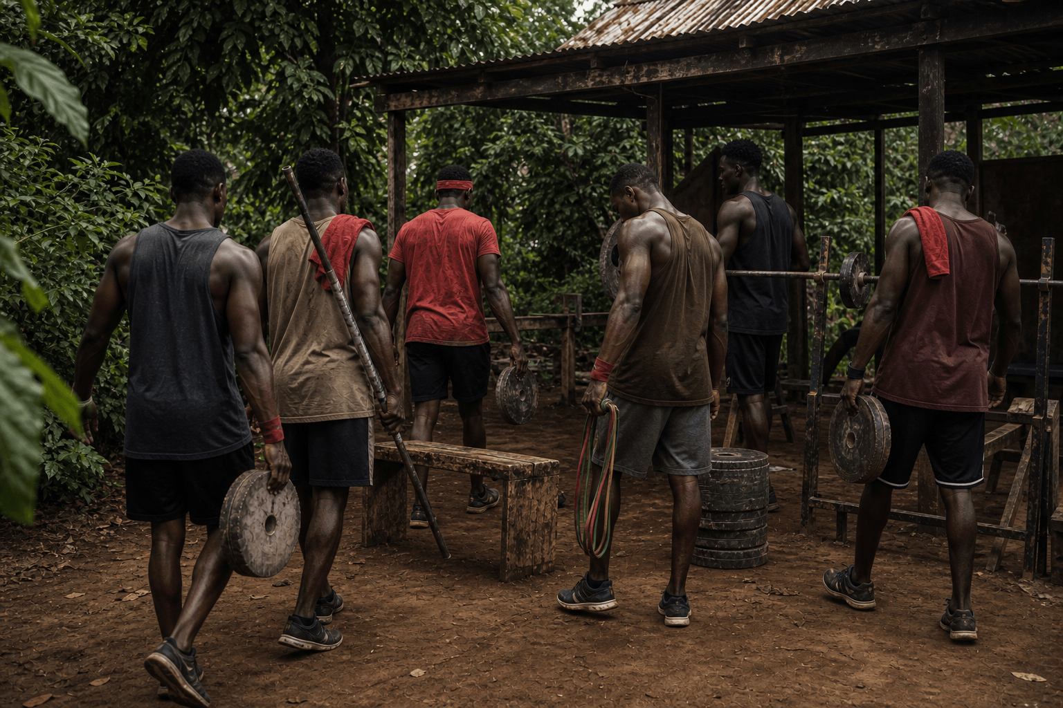 A West African training group setting up handmade weights in a tropical open-air gym